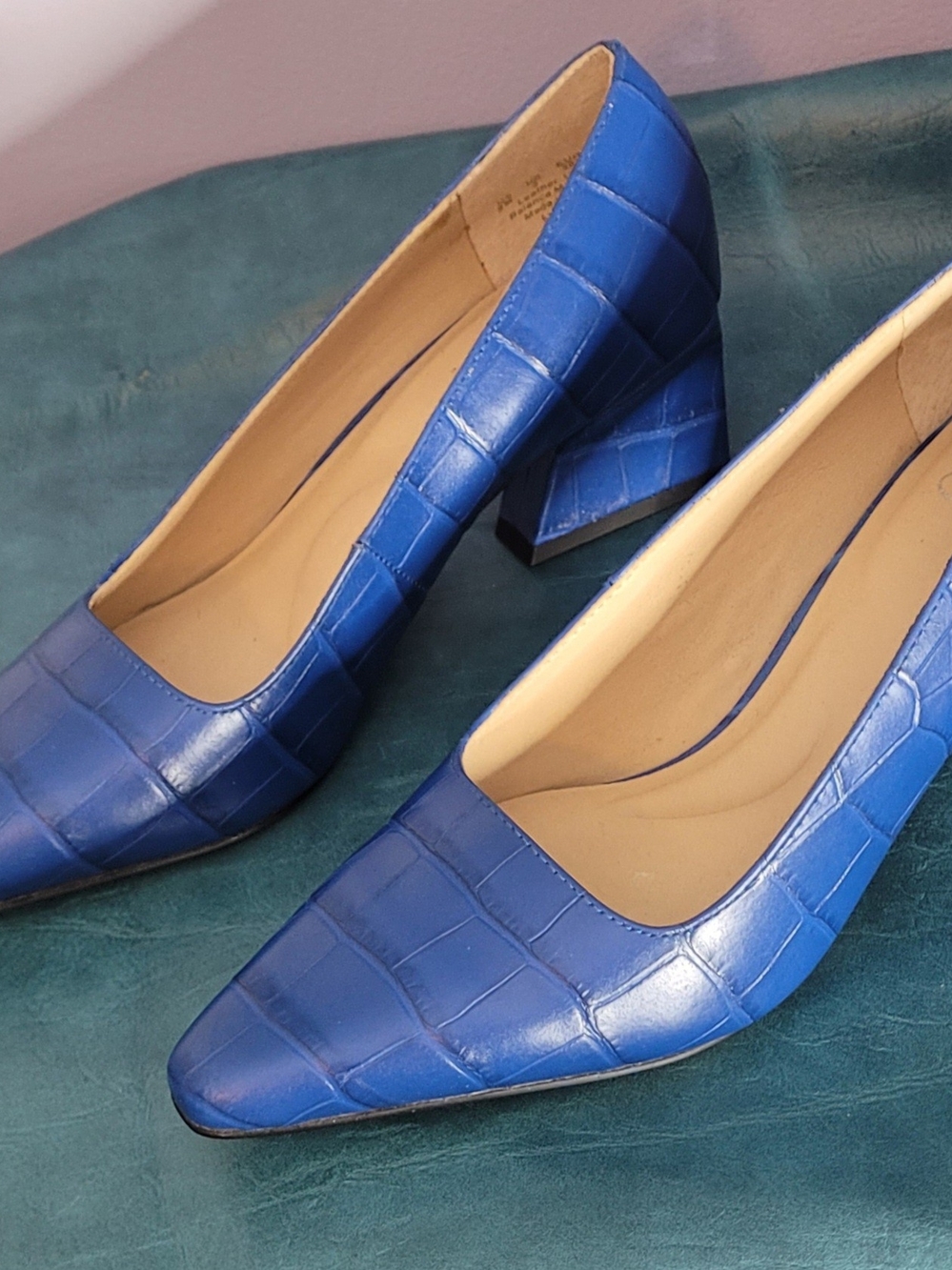 Franco Sarto Blue Croc-Embossed Block Heel Pumps
